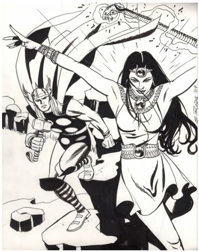 The mighty Isis and the mighty Thor, pencils and inks by comics artist Steve Rude