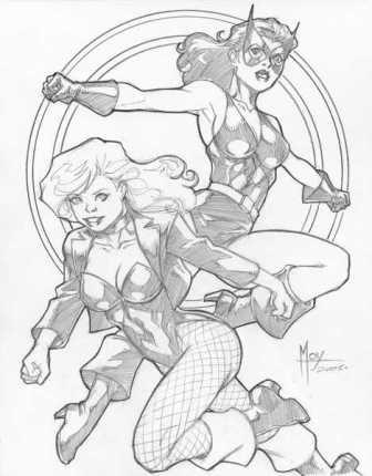 The Golden Age Black Cat and Black Canary, pencils by comics artist Jeffrey Moy