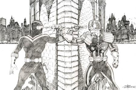 Vigilante and Judge Dredd, pencils by comics artist Steve Erwin