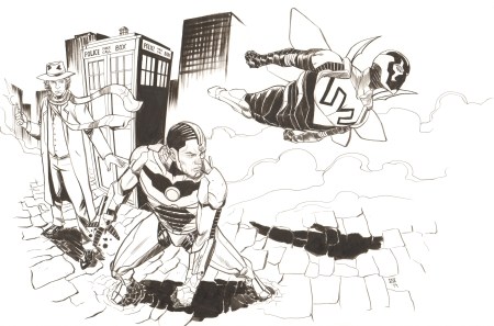 The Fourth Doctor, Cyborg, and Blue Beetle, pencils and inks by Ibrahim Moustafa